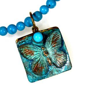 Verdigris Patina Solid Brass Butterfly Necklace - Turquoise by Elaine Coyne